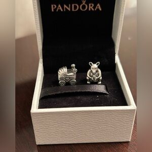 2 Pandora Sterling Silver Baby Themed Charms- Pram & Kangaroo